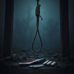 A detailed view of a noose hanging at the base of a gallows, with an American tie lying next to it on the ground