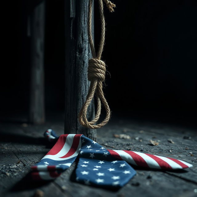 A detailed view of a noose hanging at the base of a gallows, with an American tie lying next to it on the ground