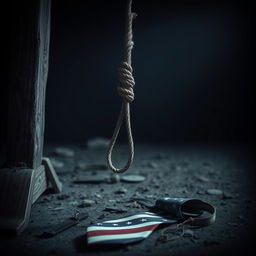 A detailed view of a noose hanging at the base of a gallows, with an American tie lying next to it on the ground