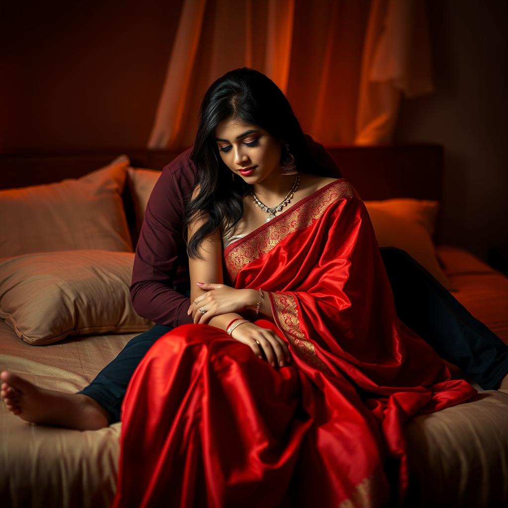 A sensual and intimate scene of a 26-year-old Odia woman, featuring her in a traditional yet alluring Indian bridal collection saree