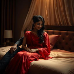 A sensual and intimate scene of a 26-year-old Odia woman, featuring her in a traditional yet alluring Indian bridal collection saree