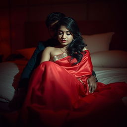 A sensual and intimate scene of a 26-year-old Odia woman, featuring her in a traditional yet alluring Indian bridal collection saree