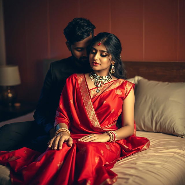 A sensual and intimate scene of a 26-year-old Odia woman, featuring her in a traditional yet alluring Indian bridal collection saree