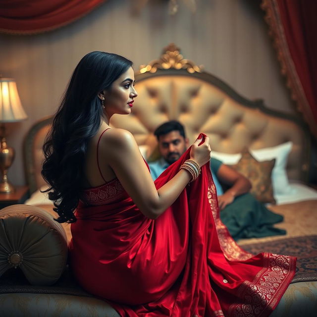 A beautiful 26-year-old Odia woman with long dark hair in a sultry pose, removing her vibrant red Indian bridal saree from her shoulder, sitting on a plush, elegantly decorated bed