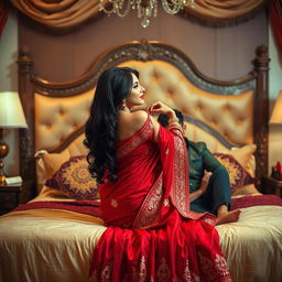 A beautiful 26-year-old Odia woman with long dark hair in a sultry pose, removing her vibrant red Indian bridal saree from her shoulder, sitting on a plush, elegantly decorated bed