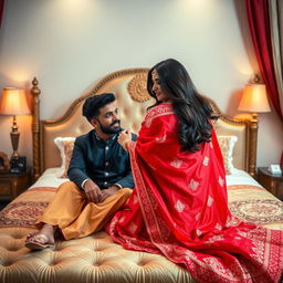 A beautiful 26-year-old Odia woman with long dark hair in a sultry pose, removing her vibrant red Indian bridal saree from her shoulder, sitting on a plush, elegantly decorated bed