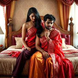 A beautiful 26-year-old Odia woman with long dark hair in a sultry pose, removing her vibrant red Indian bridal saree from her shoulder, sitting on a plush, elegantly decorated bed
