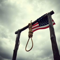 A dramatic scene featuring a noose and gallows intricately tied with an American flag