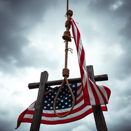 A dramatic scene featuring a noose and gallows intricately tied with an American flag