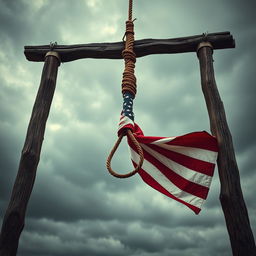 A dramatic scene featuring a noose and gallows intricately tied with an American flag