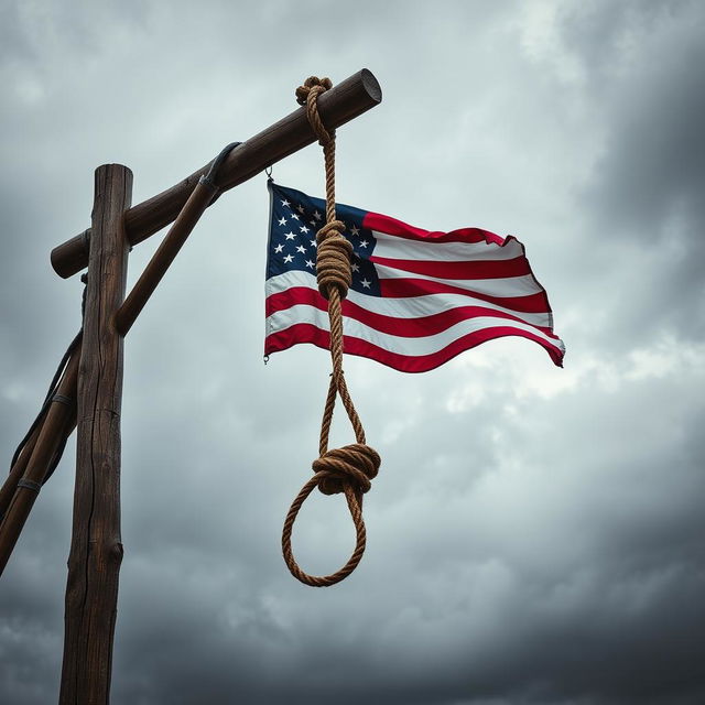 A dramatic scene featuring a noose and gallows intricately tied with an American flag