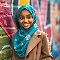 A vibrant young woman in a stylish hijab, standing confidently against a colorful street mural