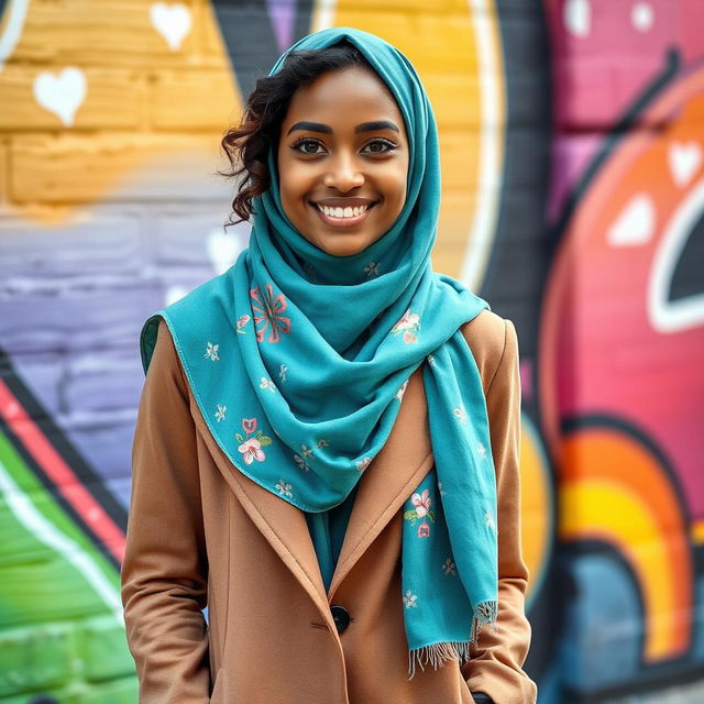 A vibrant young woman in a stylish hijab, standing confidently against a colorful street mural