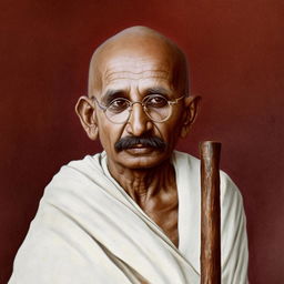 A realistic portrait of Mahatma Gandhi in his traditional attire, prominently featuring his walking stick.