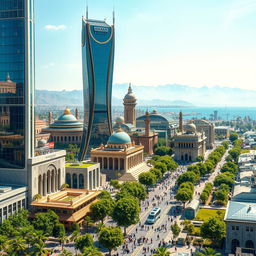 A futuristic vision of Iran, showcasing a vibrant cityscape with advanced technology, lush greenery, and a blend of modern and traditional architecture