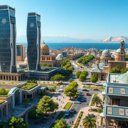 A futuristic vision of Iran, showcasing a vibrant cityscape with advanced technology, lush greenery, and a blend of modern and traditional architecture