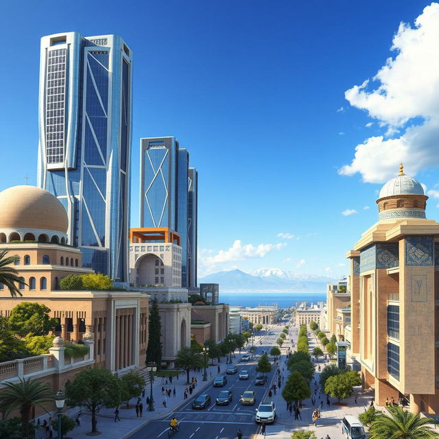 A futuristic vision of Iran, showcasing a vibrant cityscape with advanced technology, lush greenery, and a blend of modern and traditional architecture