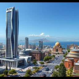 A futuristic vision of Iran, showcasing a vibrant cityscape with advanced technology, lush greenery, and a blend of modern and traditional architecture