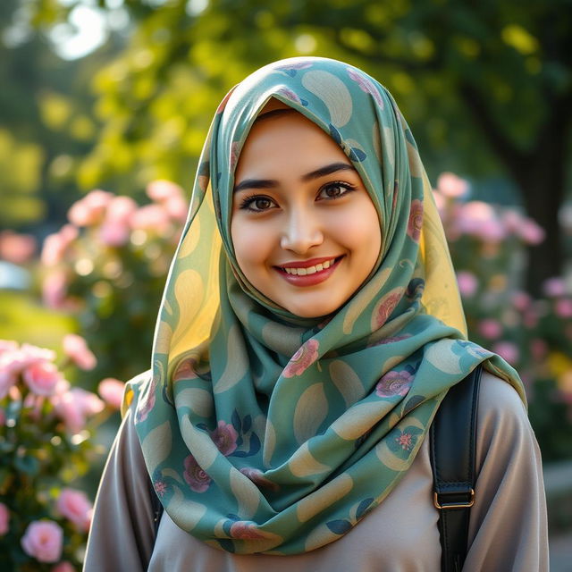 A young Muslim woman wearing a vibrant, elegantly patterned hijab that flows gracefully