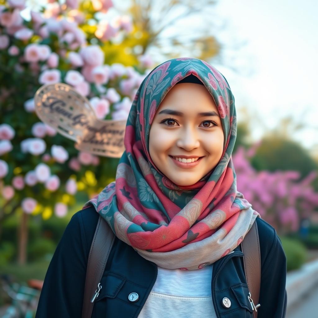 A young Muslim woman wearing a vibrant, elegantly patterned hijab that flows gracefully