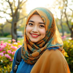 A young Muslim woman wearing a vibrant, elegantly patterned hijab that flows gracefully