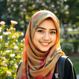 A young Muslim woman wearing a vibrant, elegantly patterned hijab that flows gracefully