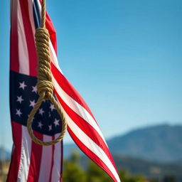 A noose tied with an American flag, prominently displayed in a dramatic outdoor setting