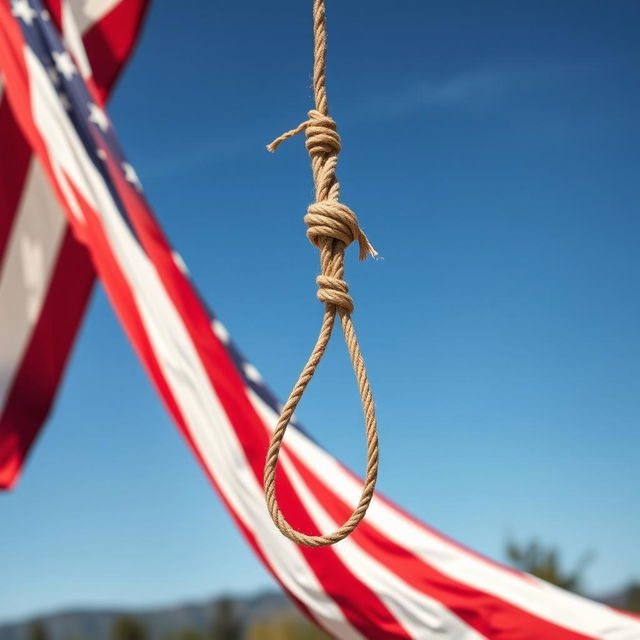 A noose tied with an American flag, prominently displayed in a dramatic outdoor setting