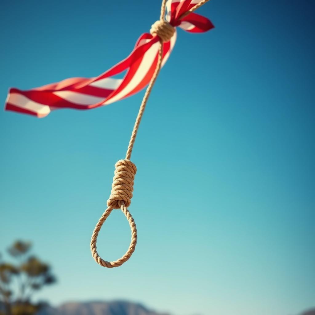 A noose tied with an American flag, prominently displayed in a dramatic outdoor setting