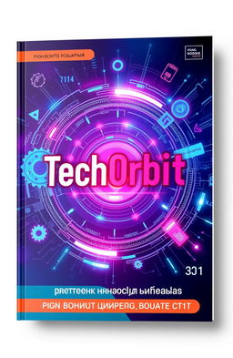 A high-tech, vibrant, and dynamic book cover design for a textbook titled 'TechOrbit: учебник прикладных задач'