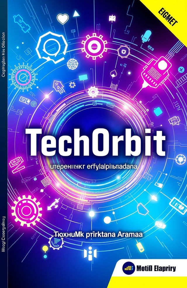 A high-tech, vibrant, and dynamic book cover design for a textbook titled 'TechOrbit: учебник прикладных задач'