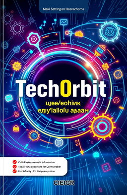 A high-tech, vibrant, and dynamic book cover design for a textbook titled 'TechOrbit: учебник прикладных задач'