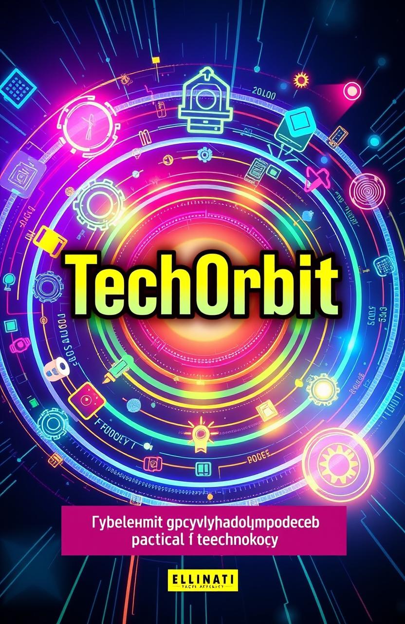 A high-tech, vibrant, and dynamic book cover design for a textbook titled 'TechOrbit: учебник прикладных задач'