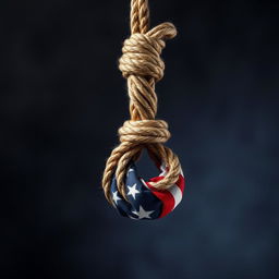 A noose made of rope tied with an American flag, symbolizing a blend of tension and patriotism