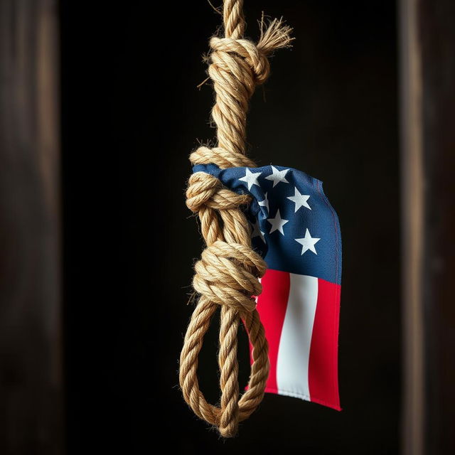 A noose made of rope tied with an American flag, symbolizing a blend of tension and patriotism