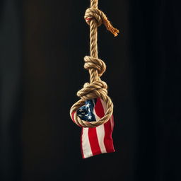 A noose made of rope tied with an American flag, symbolizing a blend of tension and patriotism