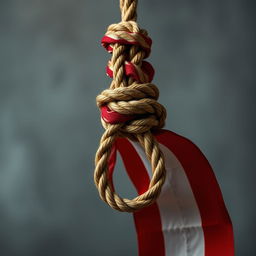 A noose made of rope tied with an American flag, symbolizing a blend of tension and patriotism