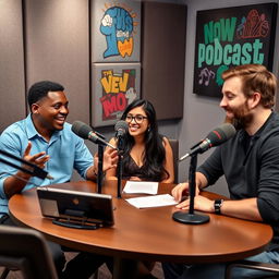 A lively podcast studio environment featuring a diverse group of three adults engaged in an enthusiastic discussion