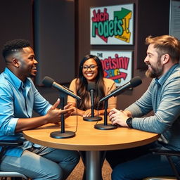 A lively podcast studio environment featuring a diverse group of three adults engaged in an enthusiastic discussion