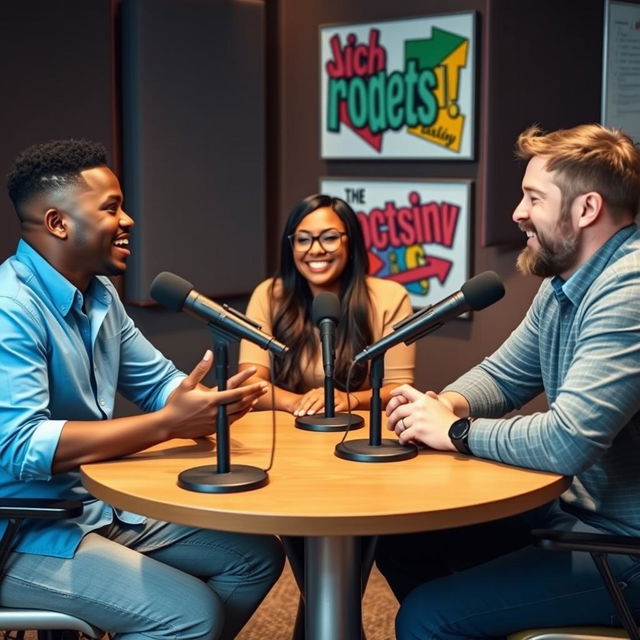 A lively podcast studio environment featuring a diverse group of three adults engaged in an enthusiastic discussion