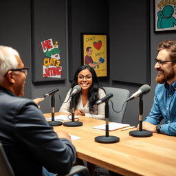 A lively podcast studio environment featuring a diverse group of three adults engaged in an enthusiastic discussion