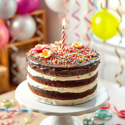 A beautifully decorated cake for a joyous celebration, featuring layers of rich chocolate and vanilla frosting, adorned with colorful sprinkles, edible flowers, and a sparkling candle on top