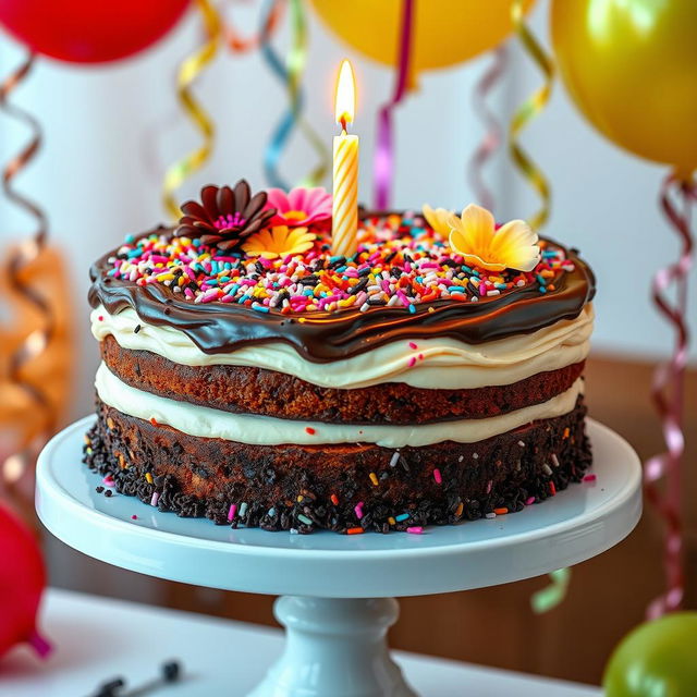 A beautifully decorated cake for a joyous celebration, featuring layers of rich chocolate and vanilla frosting, adorned with colorful sprinkles, edible flowers, and a sparkling candle on top