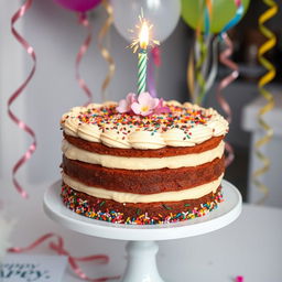 A beautifully decorated cake for a joyous celebration, featuring layers of rich chocolate and vanilla frosting, adorned with colorful sprinkles, edible flowers, and a sparkling candle on top