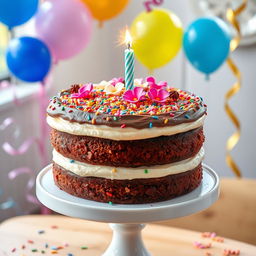 A beautifully decorated cake for a joyous celebration, featuring layers of rich chocolate and vanilla frosting, adorned with colorful sprinkles, edible flowers, and a sparkling candle on top