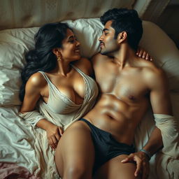 A sensual scene featuring a sultry Indian maid who is captivatingly beautiful, depicted in a tasteful manner