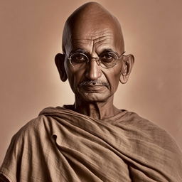 A realistic portrait of Mahatma Gandhi in his traditional attire, prominently featuring his walking stick.