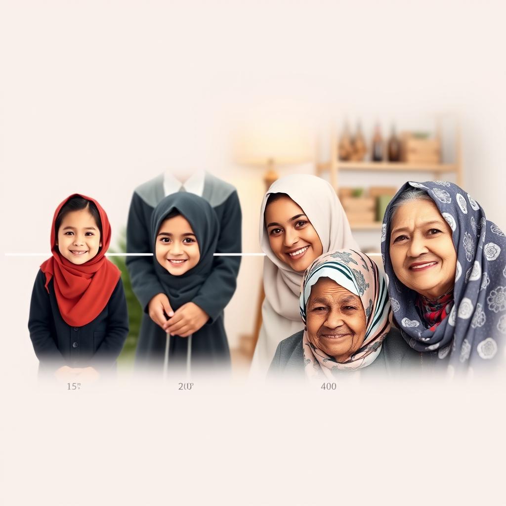 A beautiful timeline visual showcasing a girl wearing a hijab at various ages, from childhood to old age