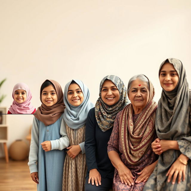 A beautiful timeline visual showcasing a girl wearing a hijab at various ages, from childhood to old age