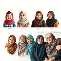 A beautiful timeline visual showcasing a girl wearing a hijab at various ages, from childhood to old age